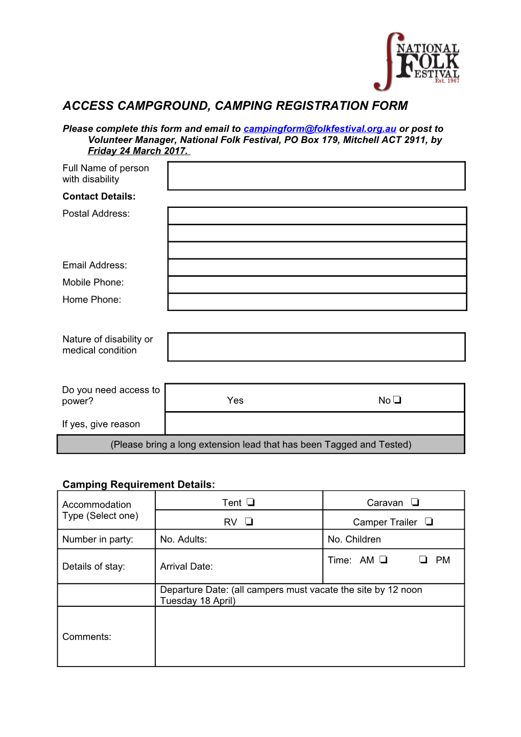 Access Campground, Camping Registration Form