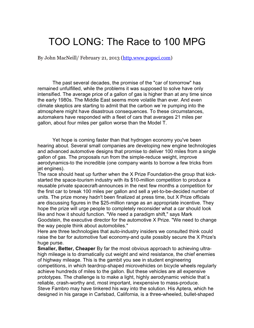 TOO LONG: the Race to 100 MPG