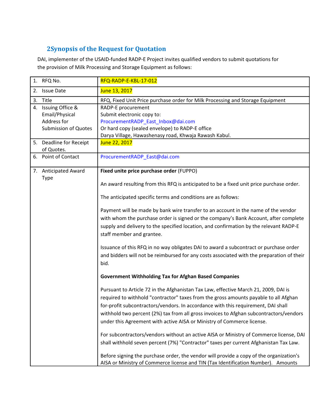 2Synopsis of the Request for Quotation