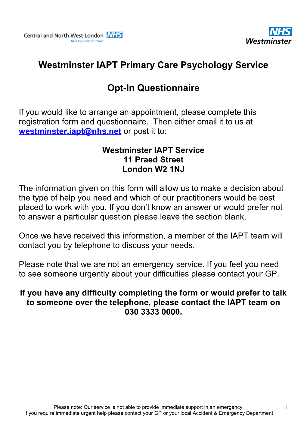 Westminster IAPT Primary Care Psychology Service