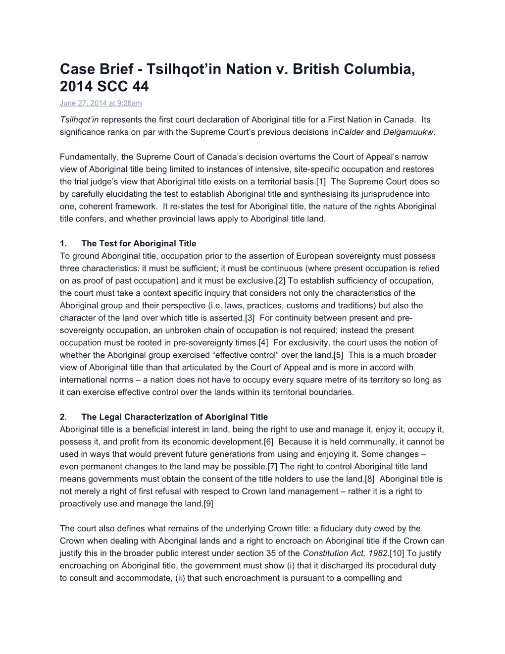 Case Brief - Tsilhqot in Nation V. British Columbia, 2014 SCC 44