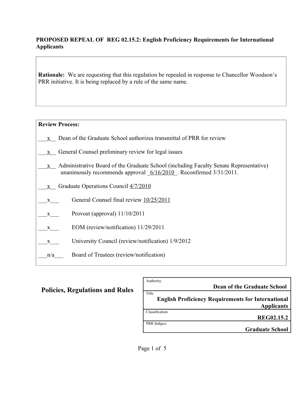 PROPOSED REVISION TO: REG/POL : Title of Reg/Pol