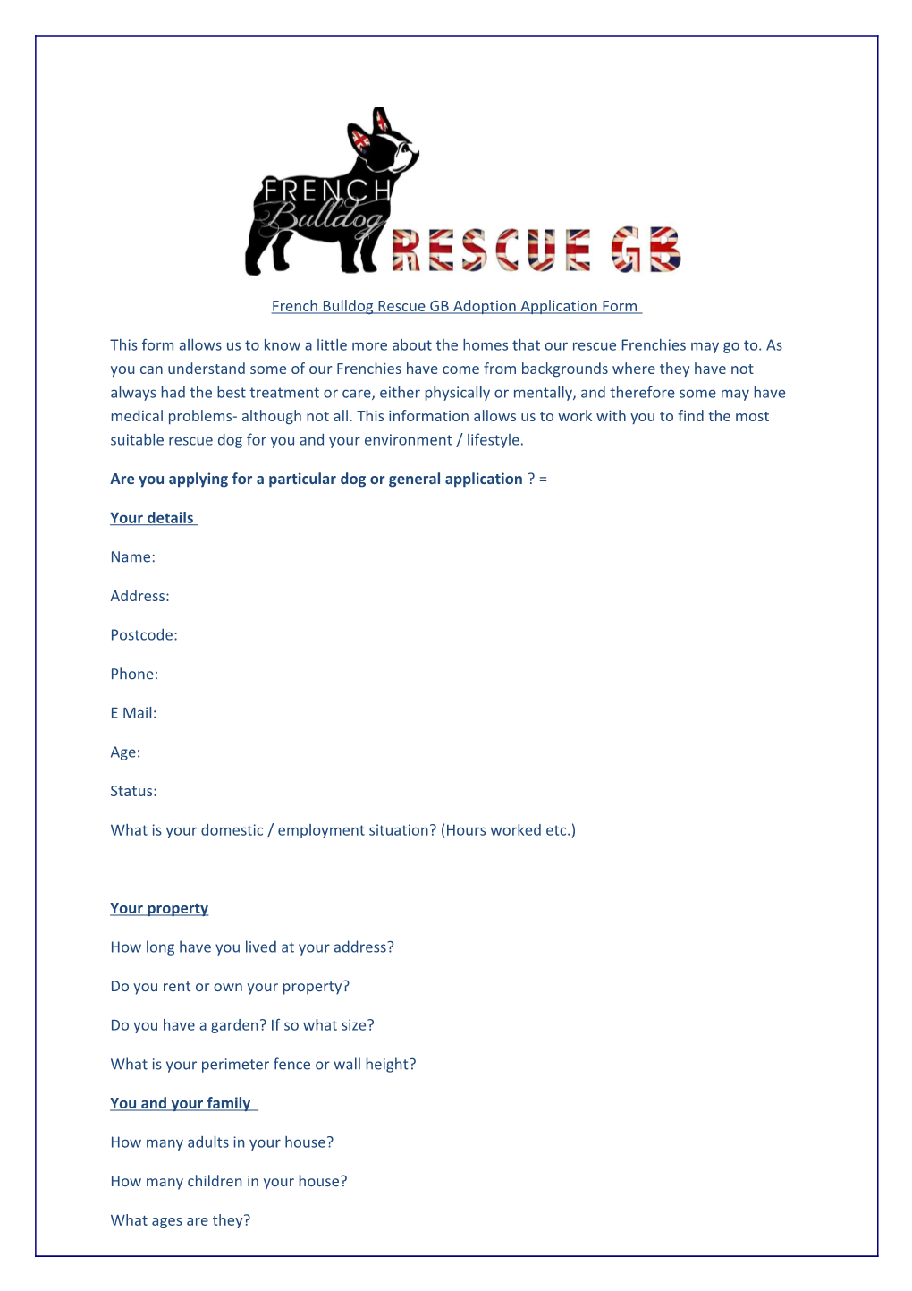 French Bulldog Rescue GB Adoption Application Form