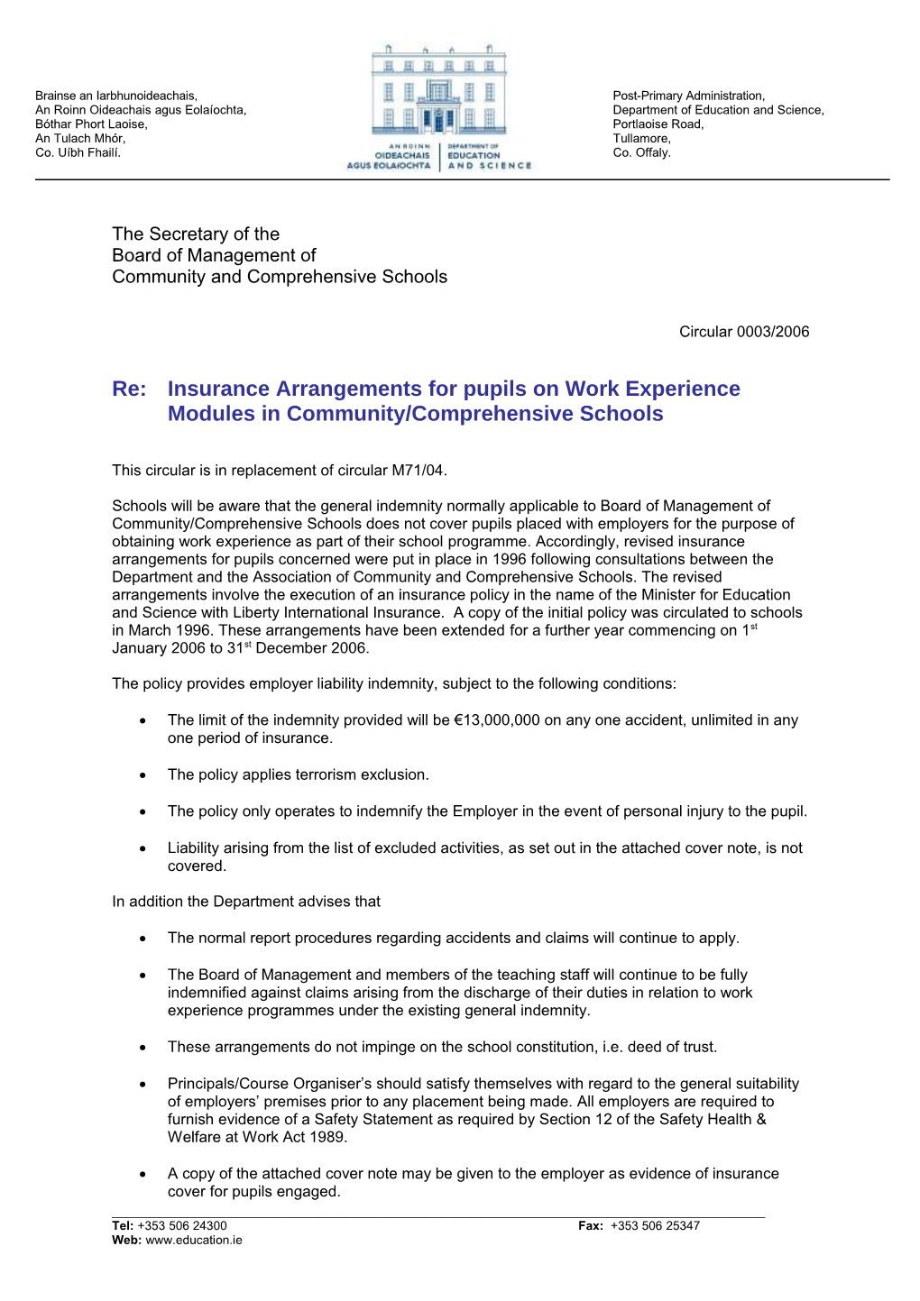 Circular 0003/2006 - Insurance Arrangements for Pupils on Work Experience Modules In