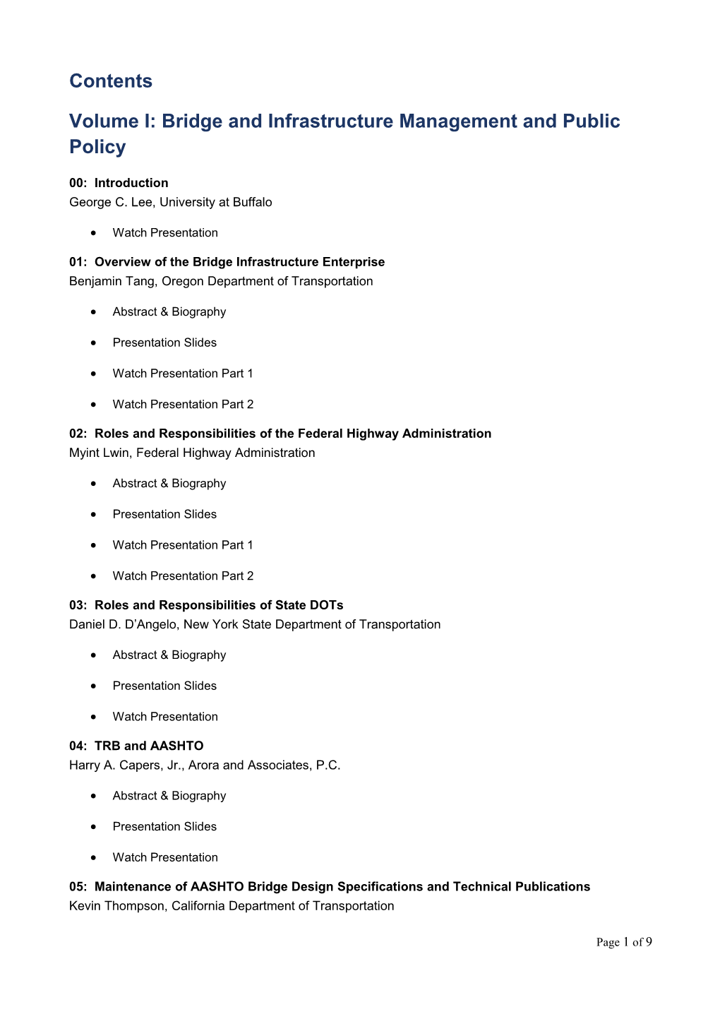 Volume I: Bridge and Infrastructure Management and Public Policy