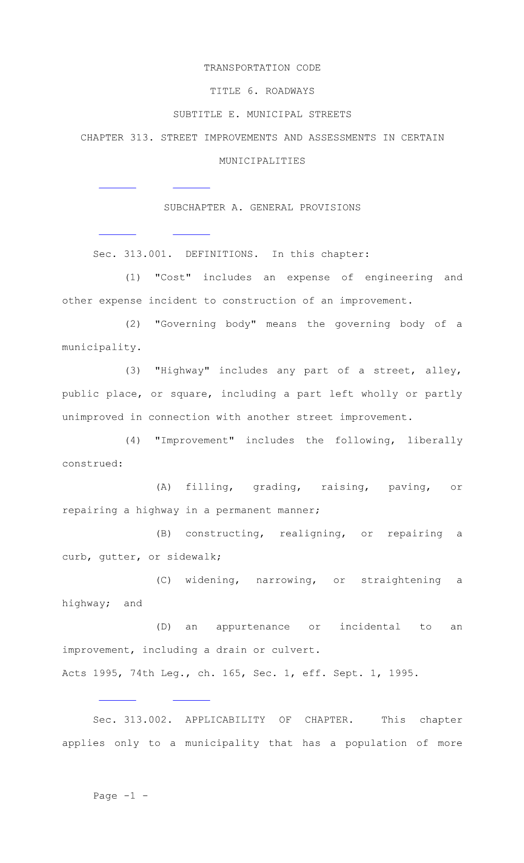 Chapter 313. Street Improvements and Assessments in Certain Municipalities