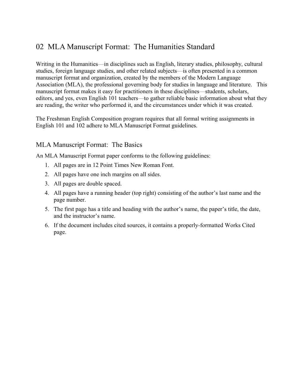 02 MLA Manuscript Format: the Humanities Standard