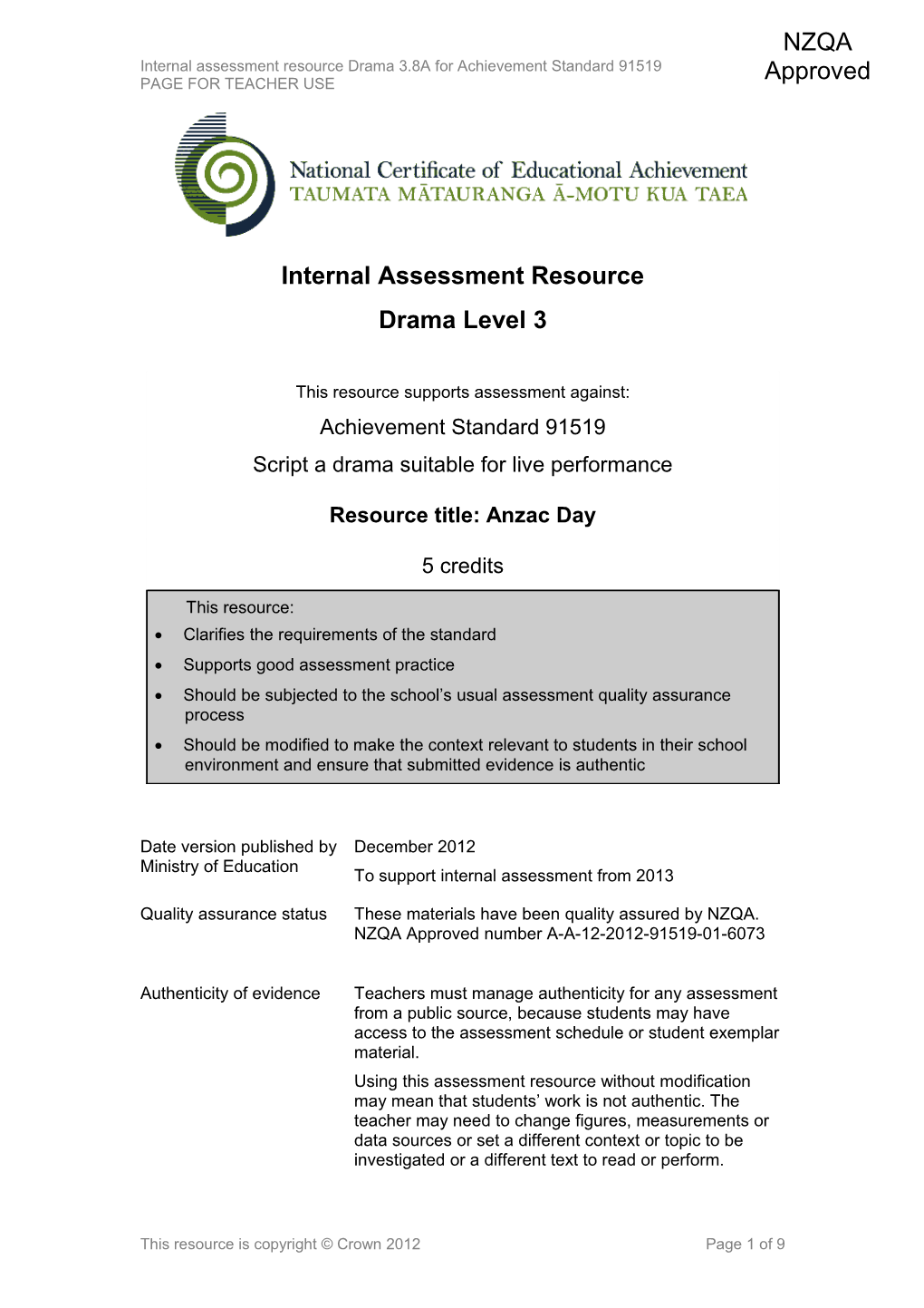 Level 3 Drama Internal Assessment Resource