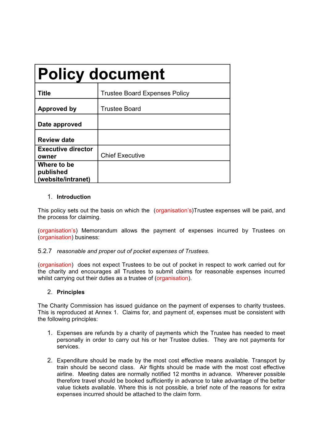 (Organisation S) Memorandum Allows the Payment of Expenses Incurred by Trustees On