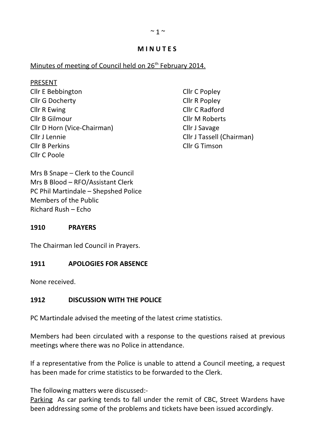 Minutes of Meeting of Council Held on 26Th February 2014