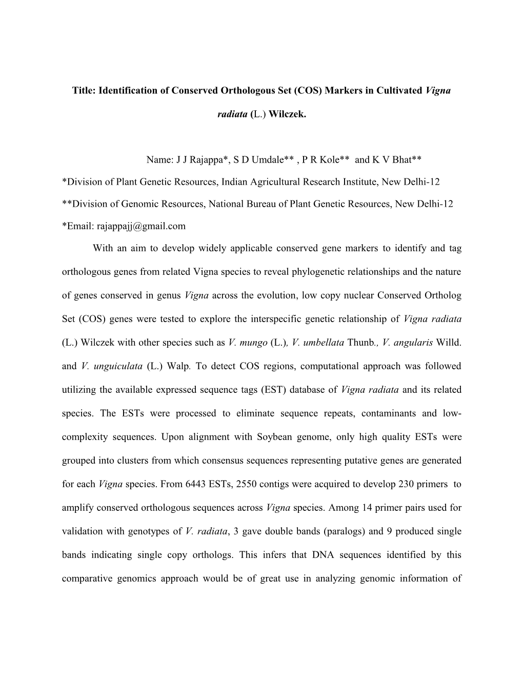 Title: Identification of Conserved Orthologous Set (COS) Markers in Cultivated Vigna Radiata