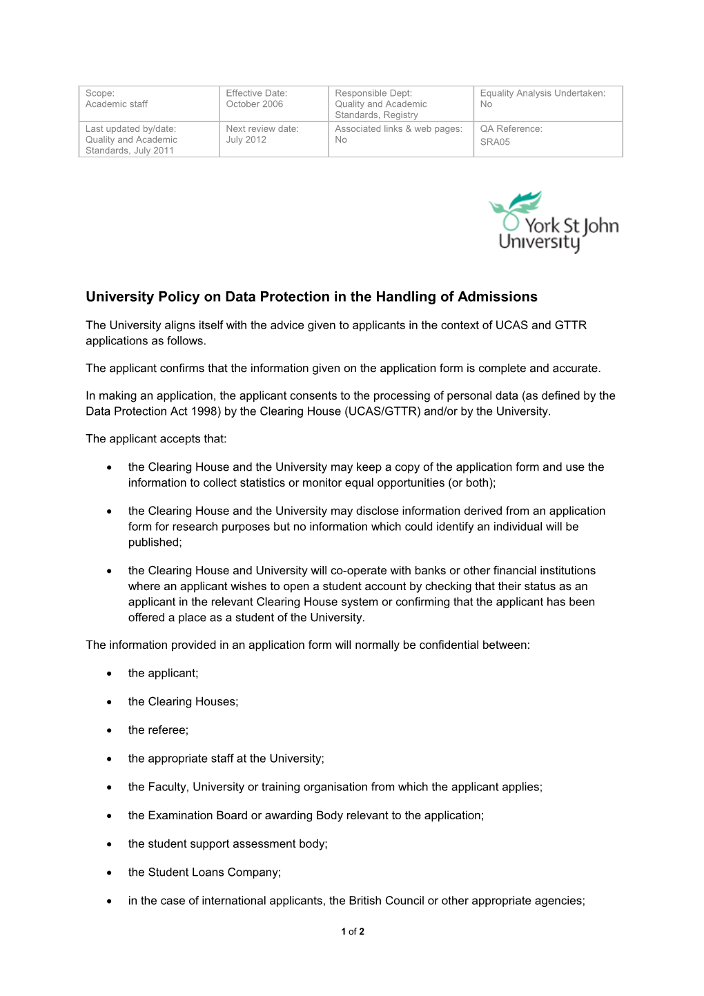 SRA5 Policy on Data Protection in the Handling of Admissions