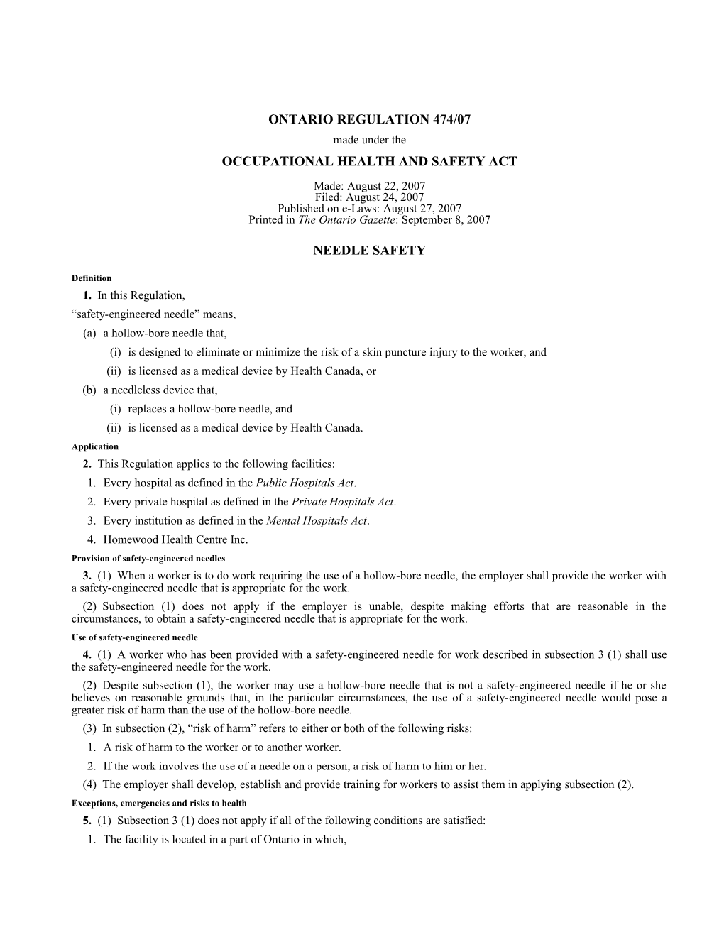 OCCUPATIONAL HEALTH and SAFETY ACT - O. Reg. 474/07