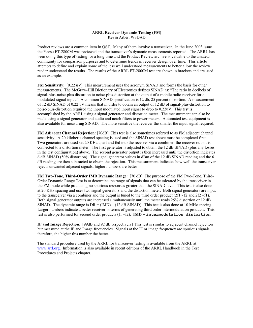 ARRL Receiver Dynamic Testing (FM)