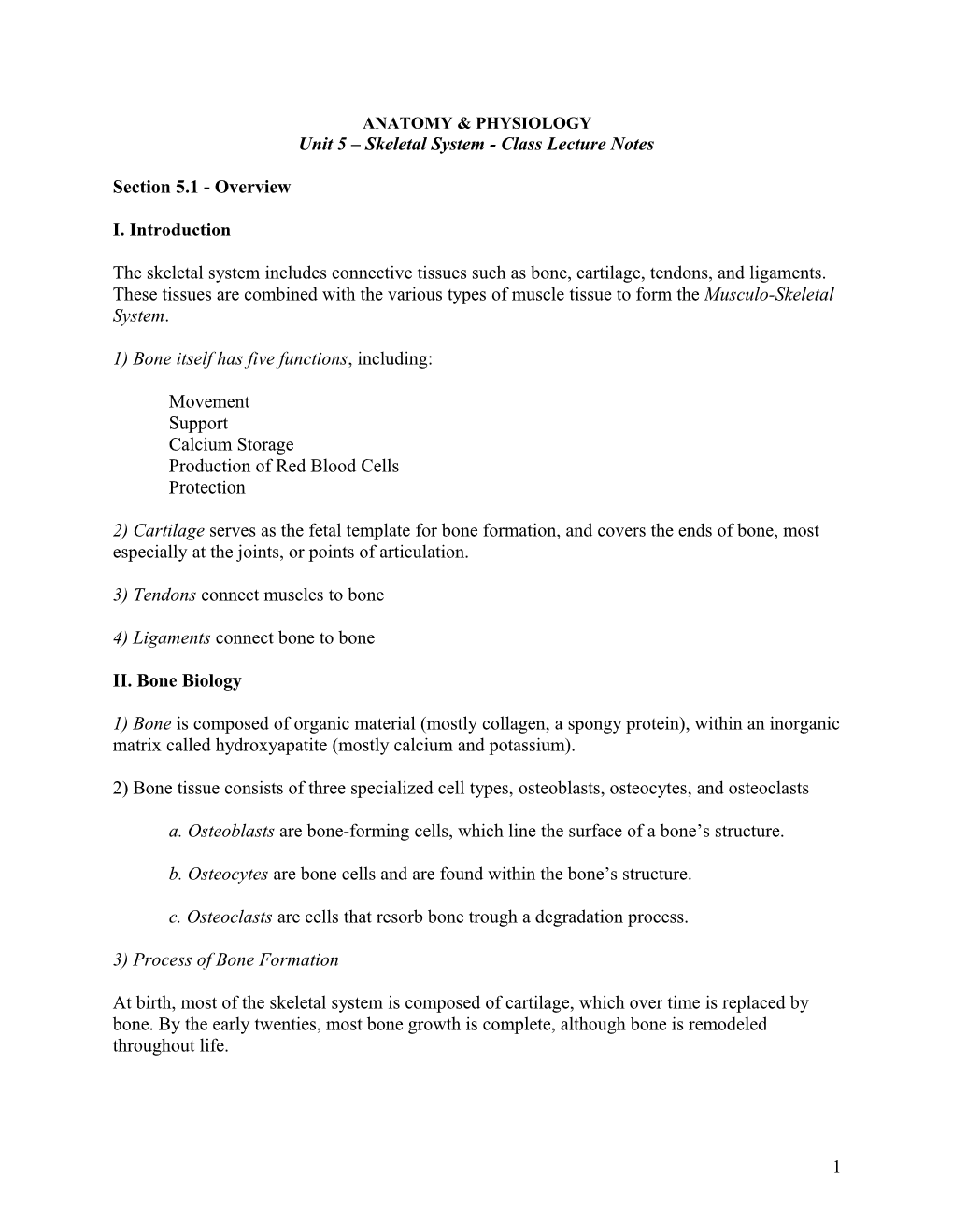 Unit 5 Skeletal System - Class Lecture Notes