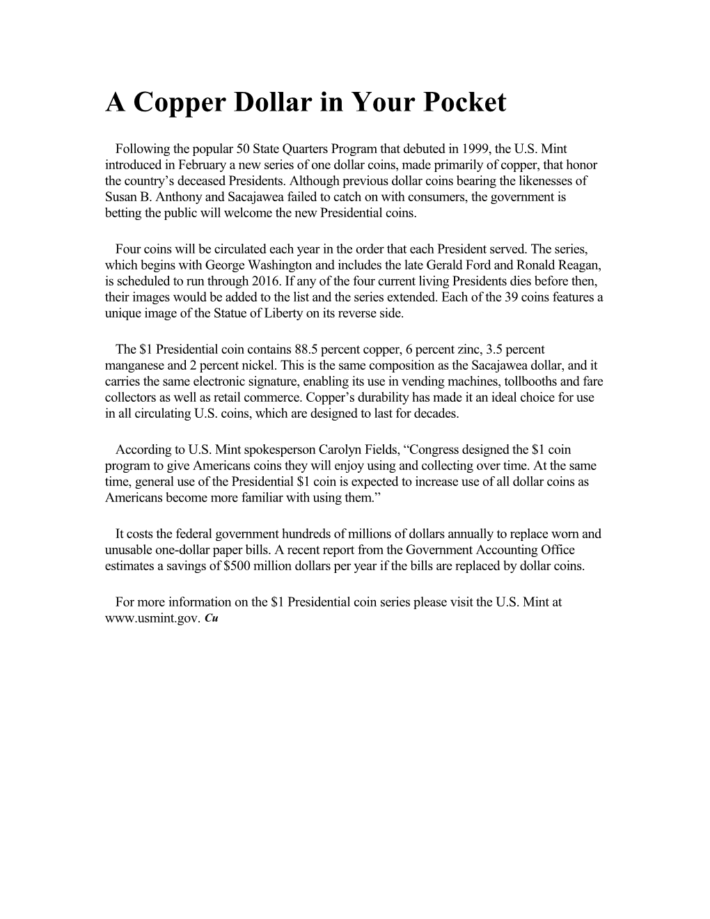 A Copper Dollar in Your Pocket