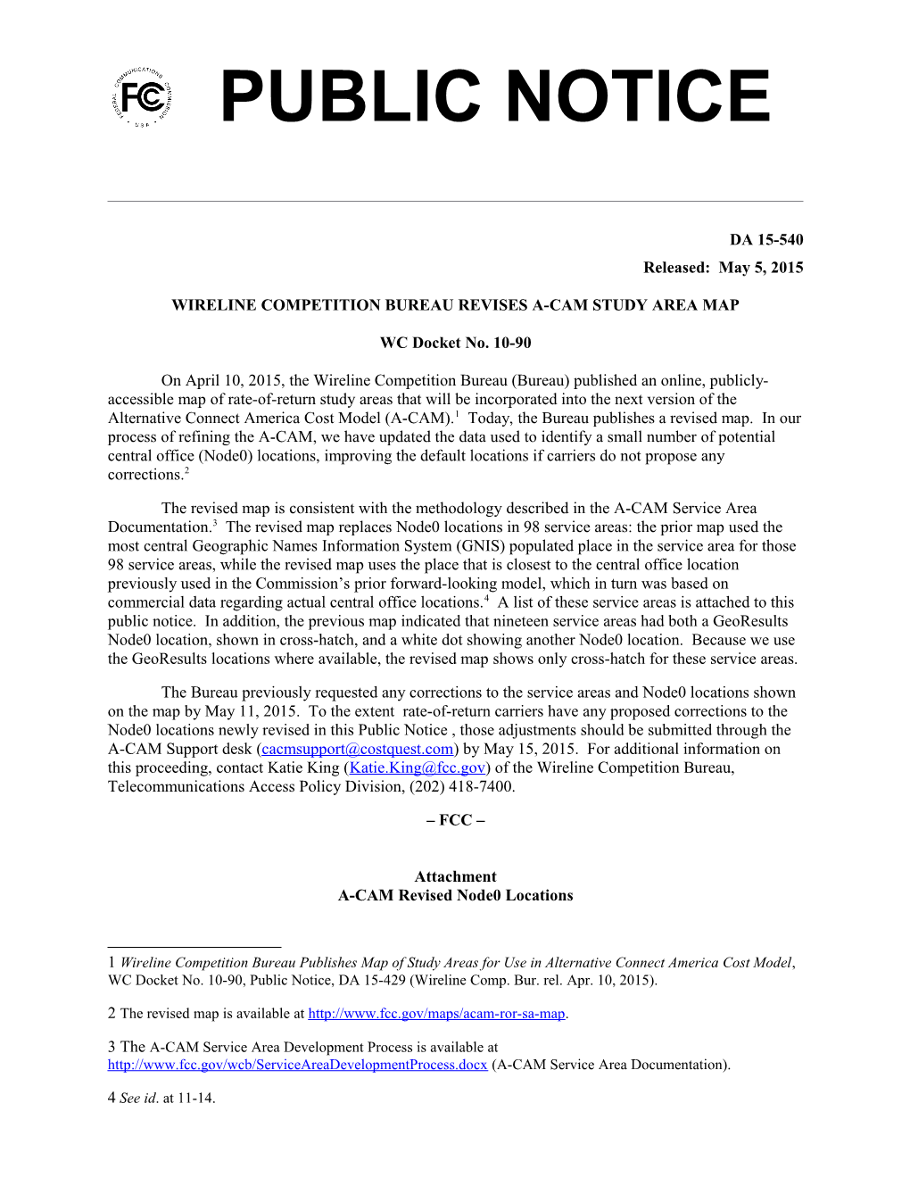 Wireline Competition Bureau Revises A-Cam Study Area Map