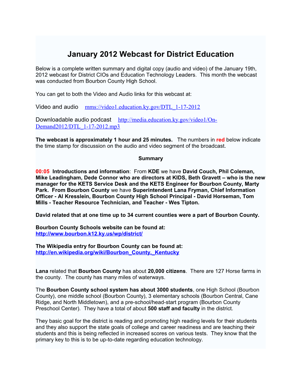 January 2012 Webcast for District Education