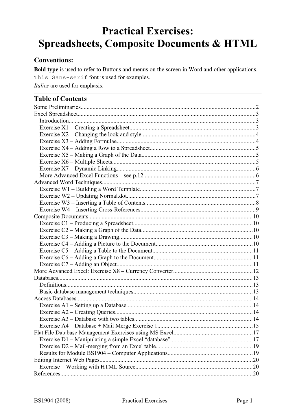 Practical Exercises: Spreadsheets, Composite Documents HTML