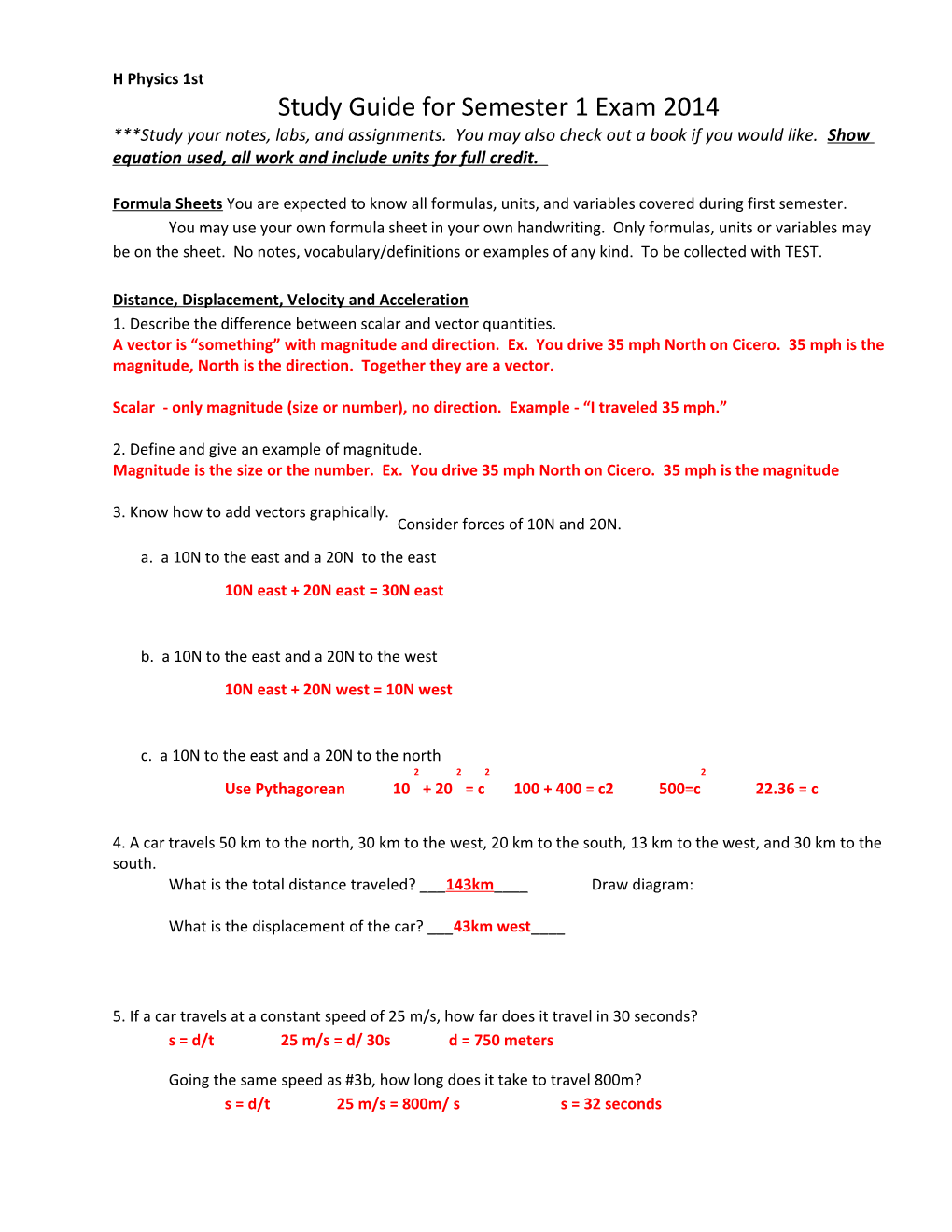 Study Guide for Semester 1 Exam 2014