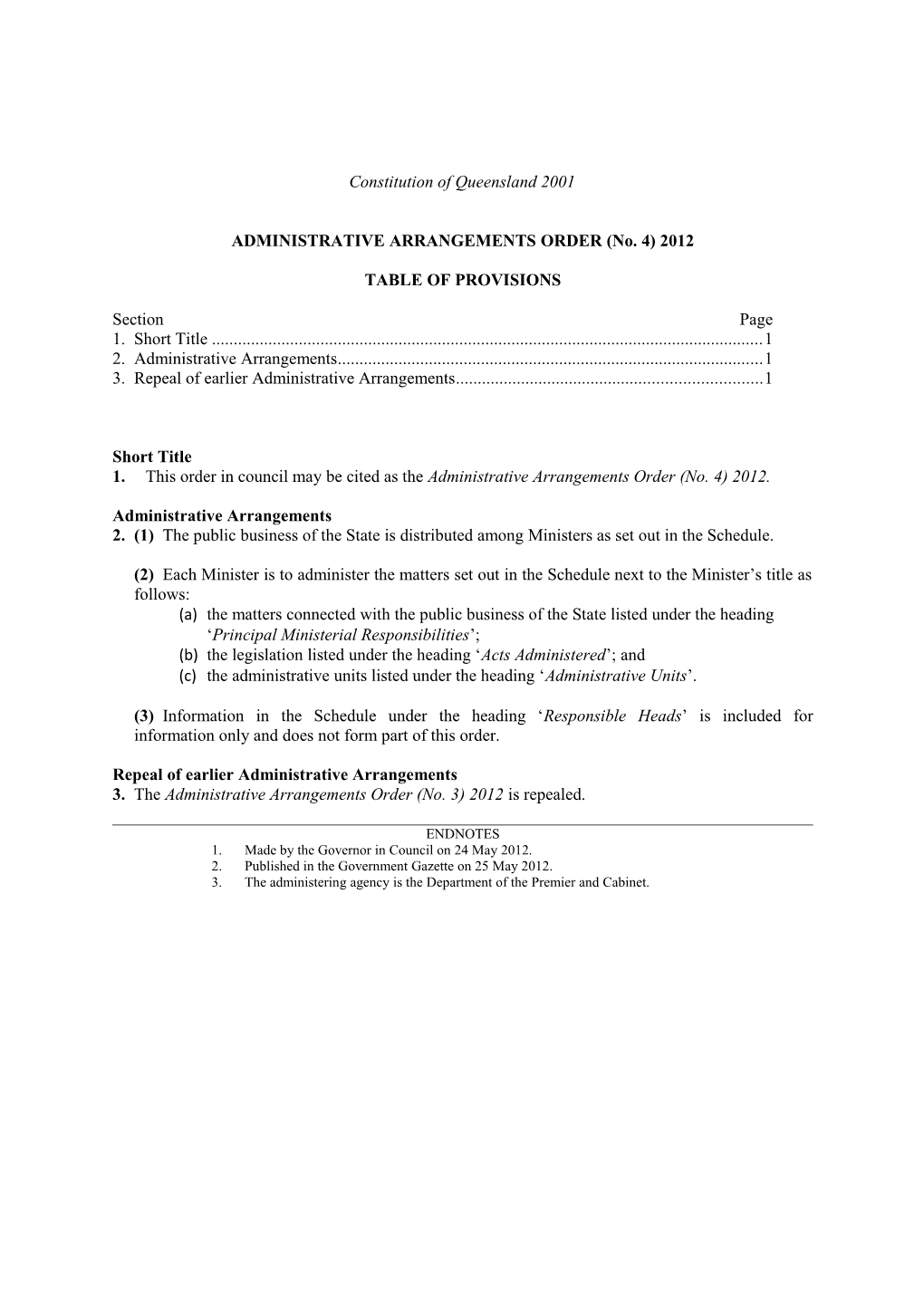 Administrative Arrangements Order (No. 4) 2012