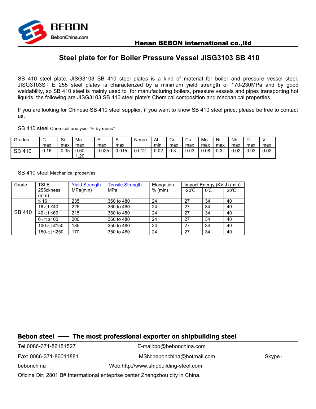 JIS G3103 SB 410 Steel Plate