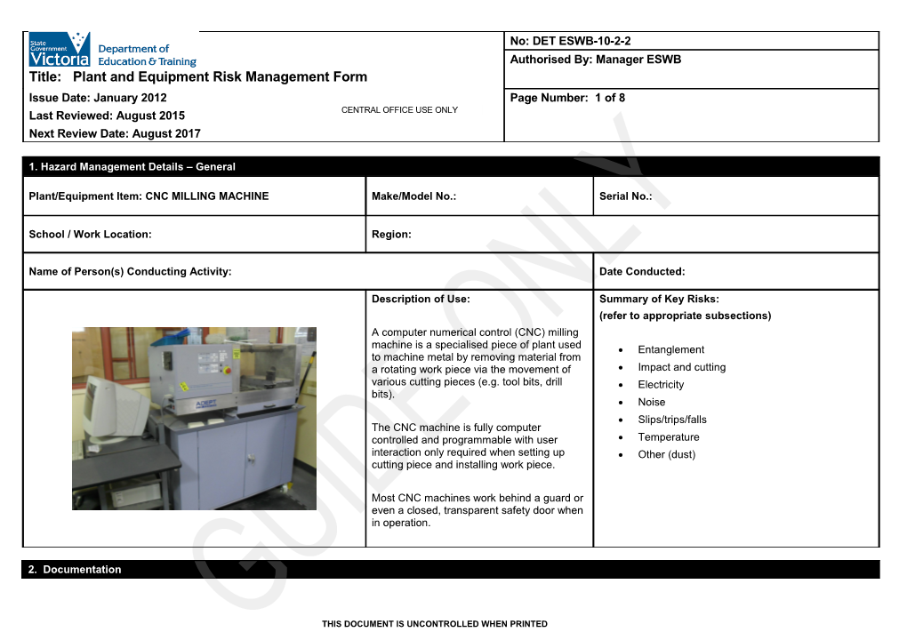 Plant and Equipment Risk Management Form - CNC Milling