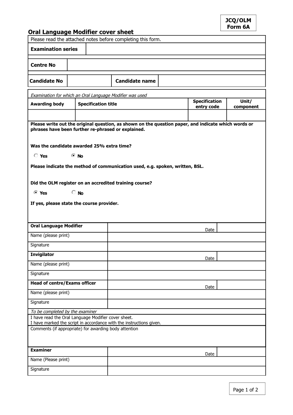 Oral Language Modifier S Cover Sheet