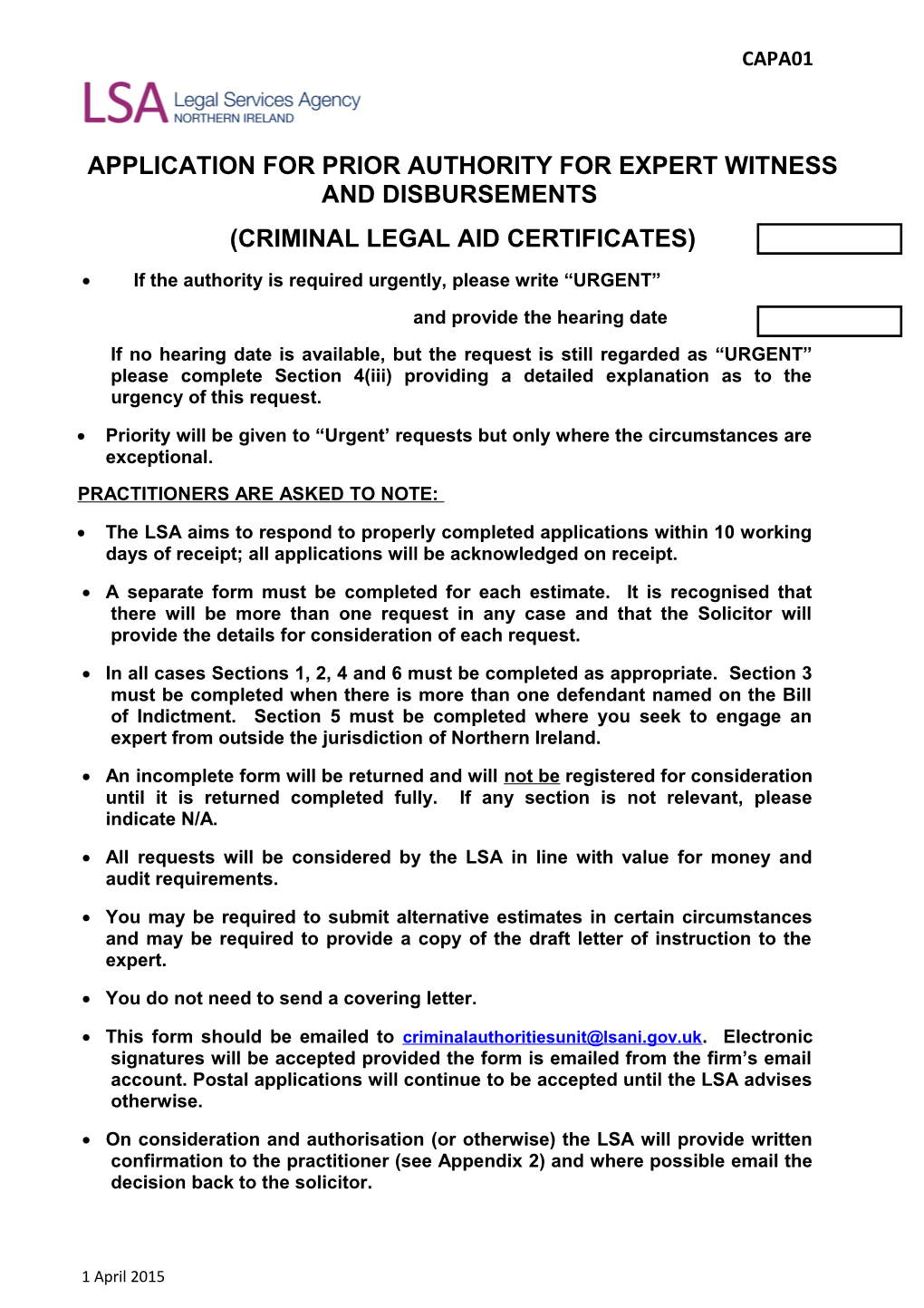 LSANI - Application for Prior Authority for Expert Witness - V4 April 2015