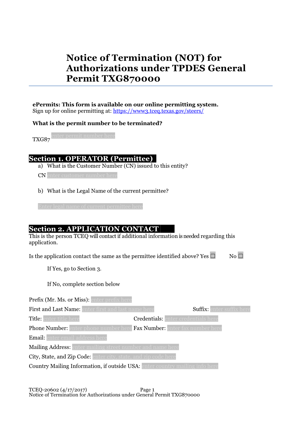 Notice of Termination (NOT) for Authorizations Under TPDES General Permit (TXG110000)