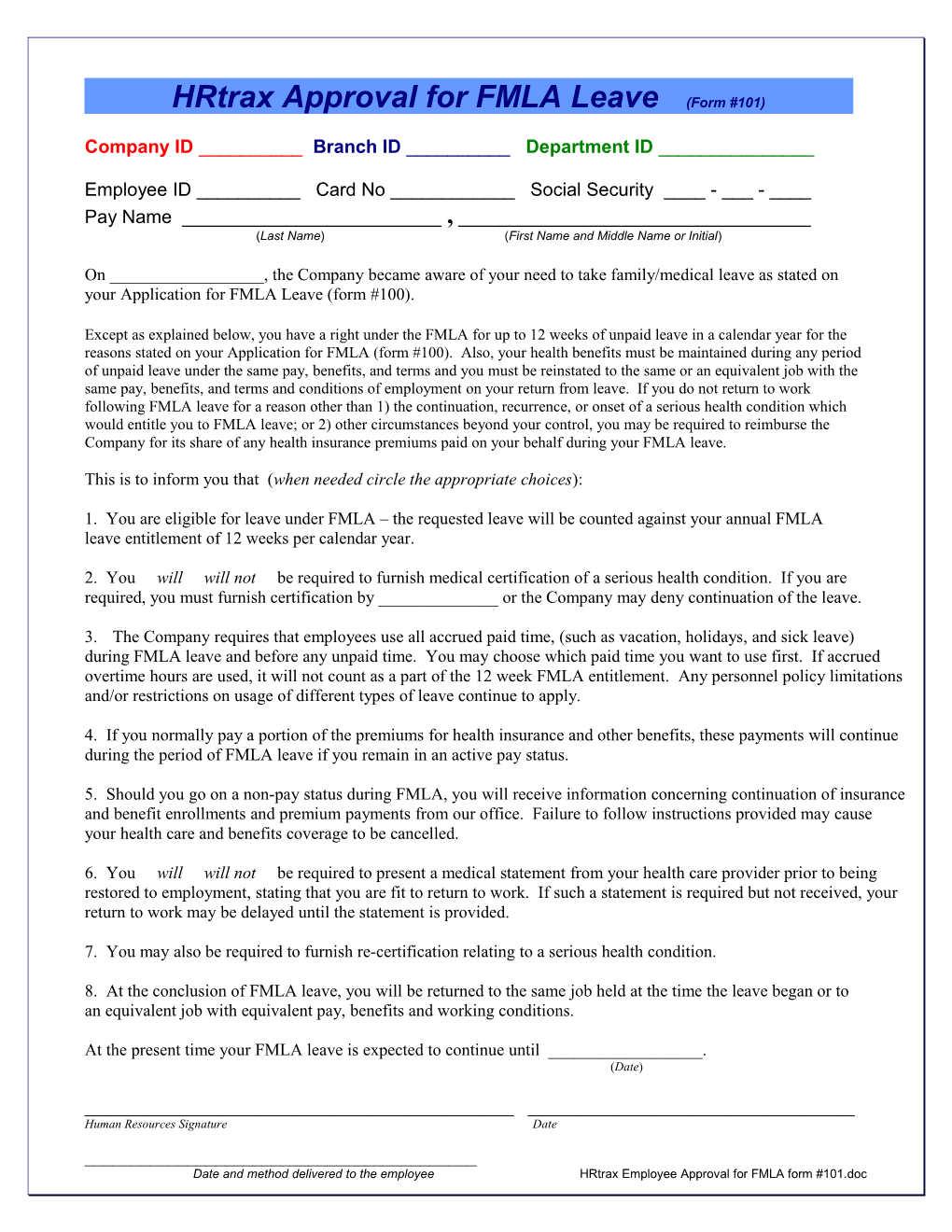 Hrtrax Approval for FMLA Leave (Form #101)