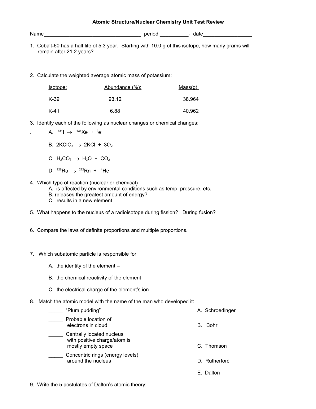 Atomic Structure/Nuclear Chemistry Unit Test Review