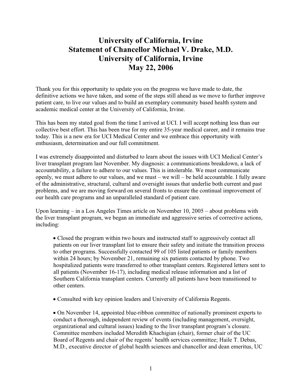 Statement of Chancellor Michael V. Drake, M.D