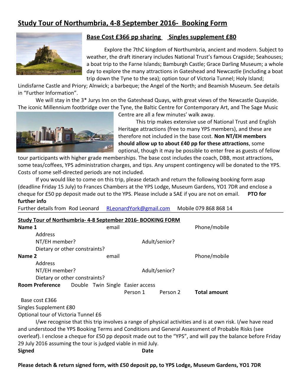 Study Tour of Northumbria, 4-8 September 2016- Booking Form