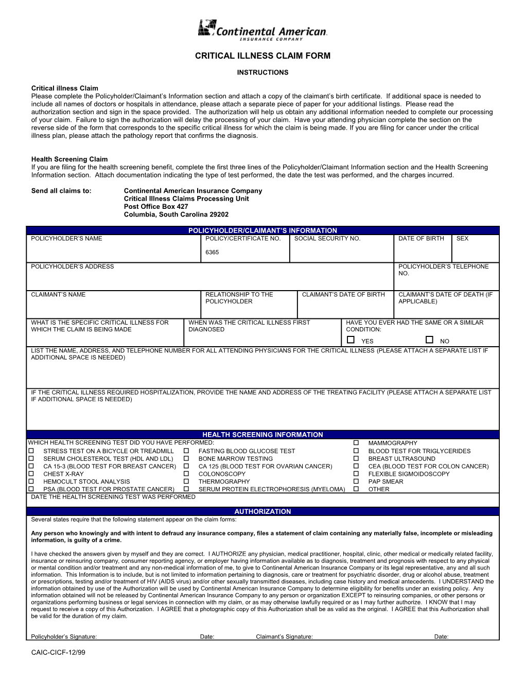 Policyholder/Claimant Information