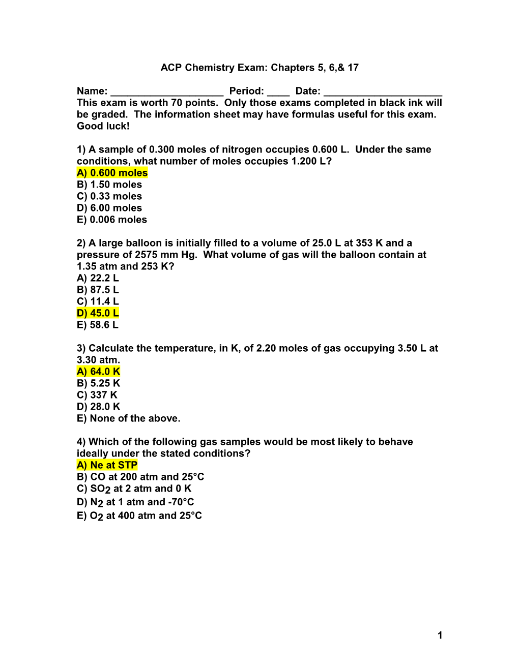 ACP Chemistry Exam: Chapters 5, 6,& 17