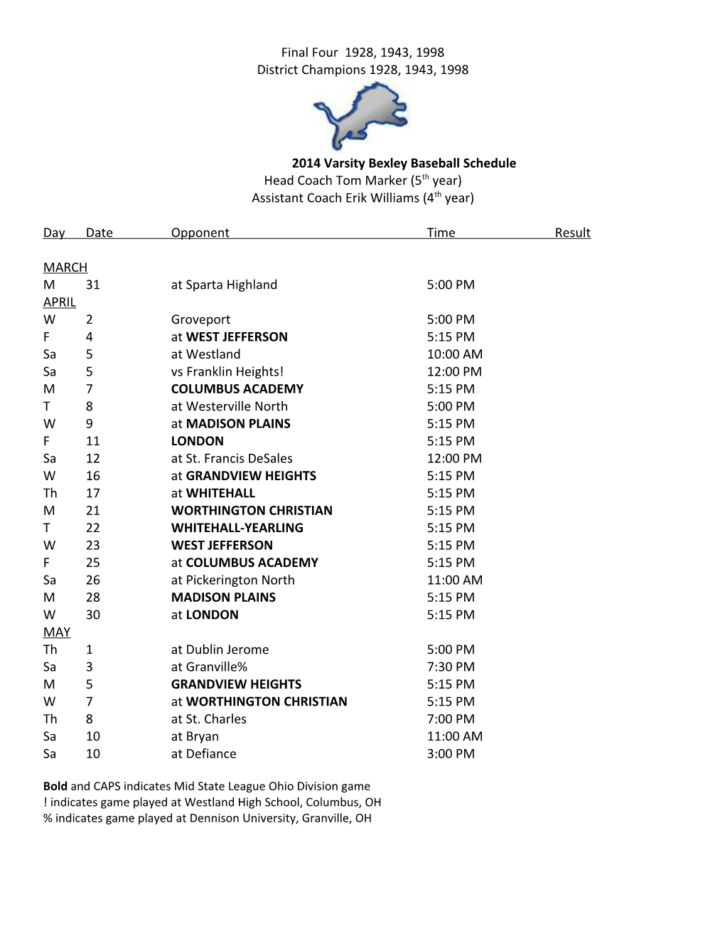 2014 Varsity Bexley Baseball Schedule