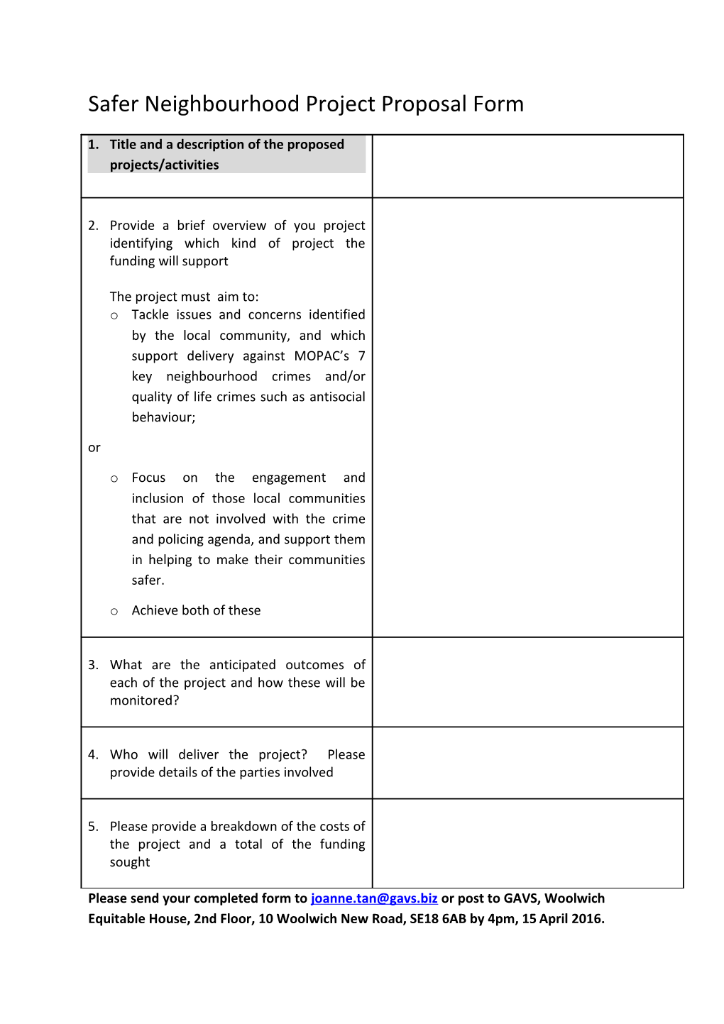 Safer Neighbourhood Project Proposal Form