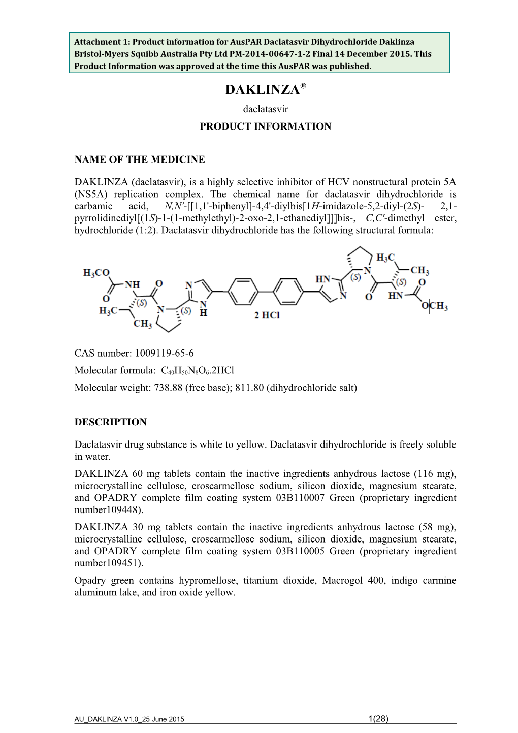 Auspar Attachment 1: Product Information for Daklinza