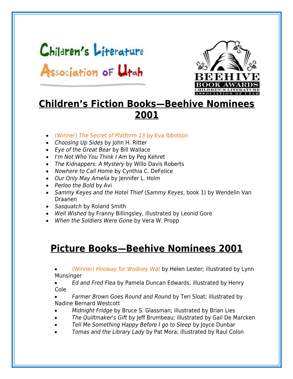 Children S Fiction Books Beehive Nominees 2001