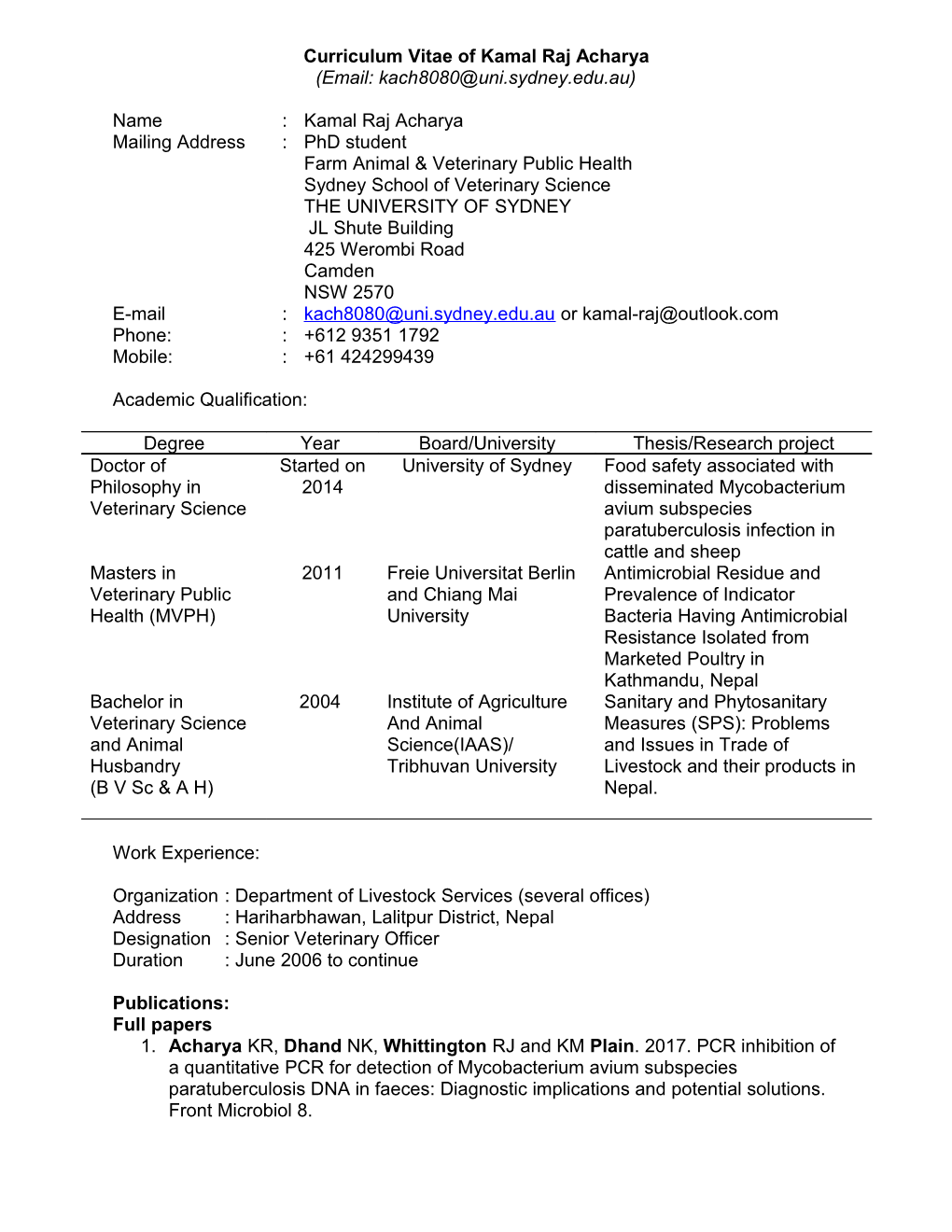 Curriculum Vitae of Kamal Raj Acharya