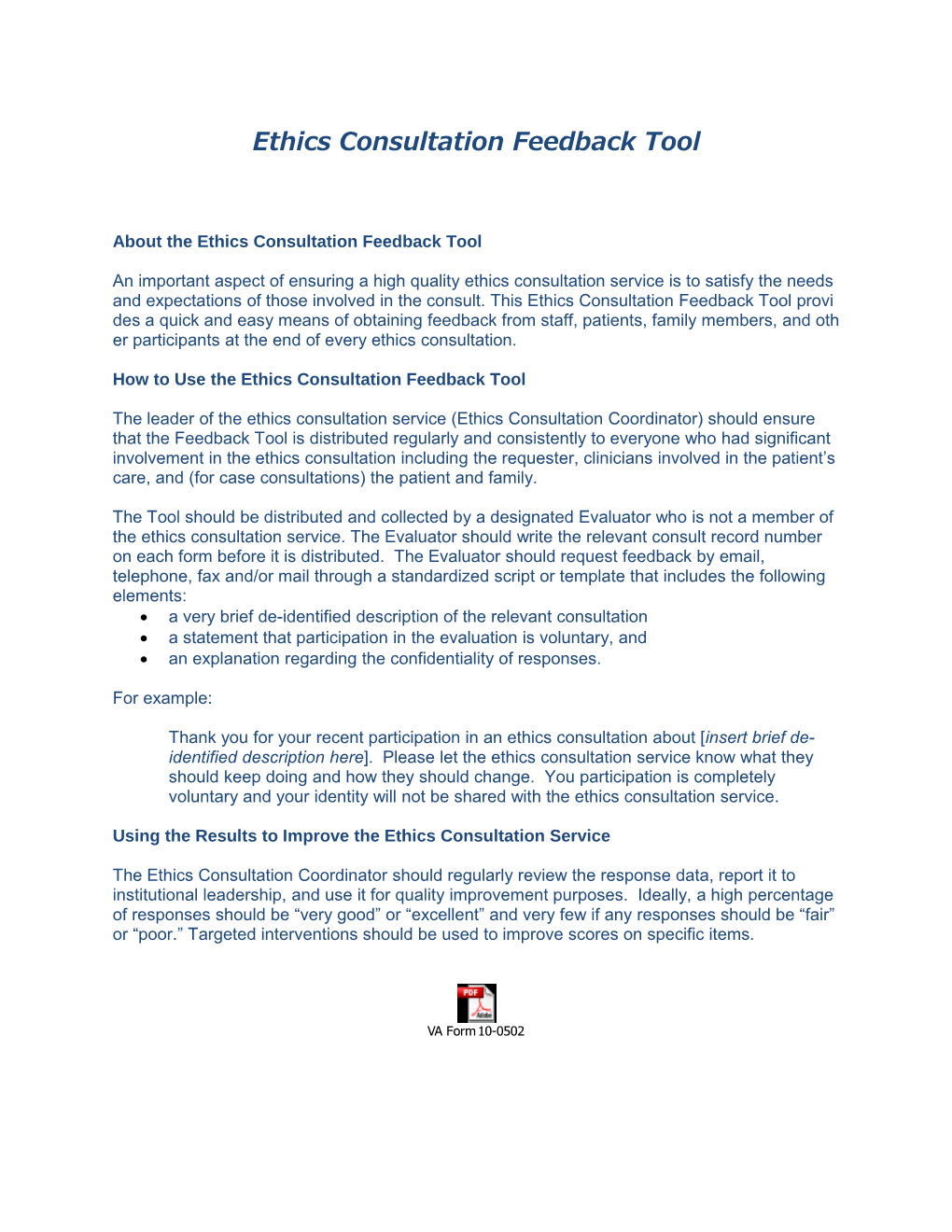 Integratedethics Ethics Consultation Feedback Tool - US Department of Veterans Affairs