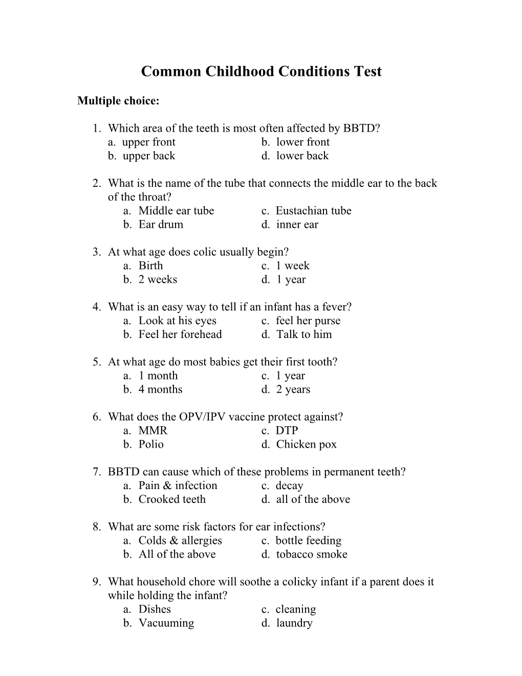 Common Childhood Conditions Test