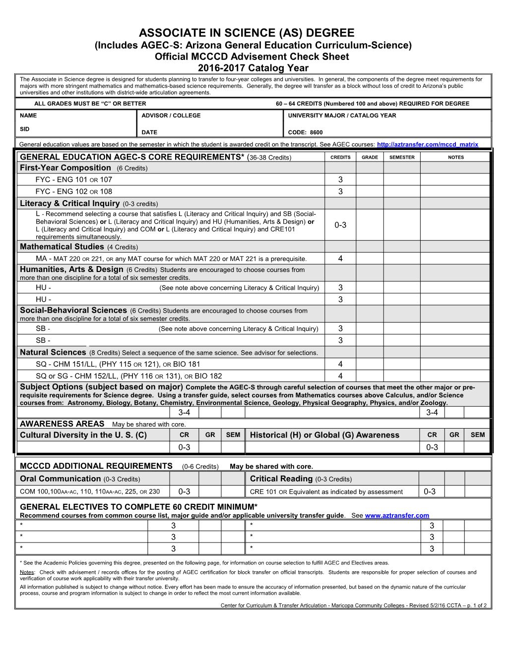 MCCCD Advisement Check Sheet for 2000-2000 Catalog Year