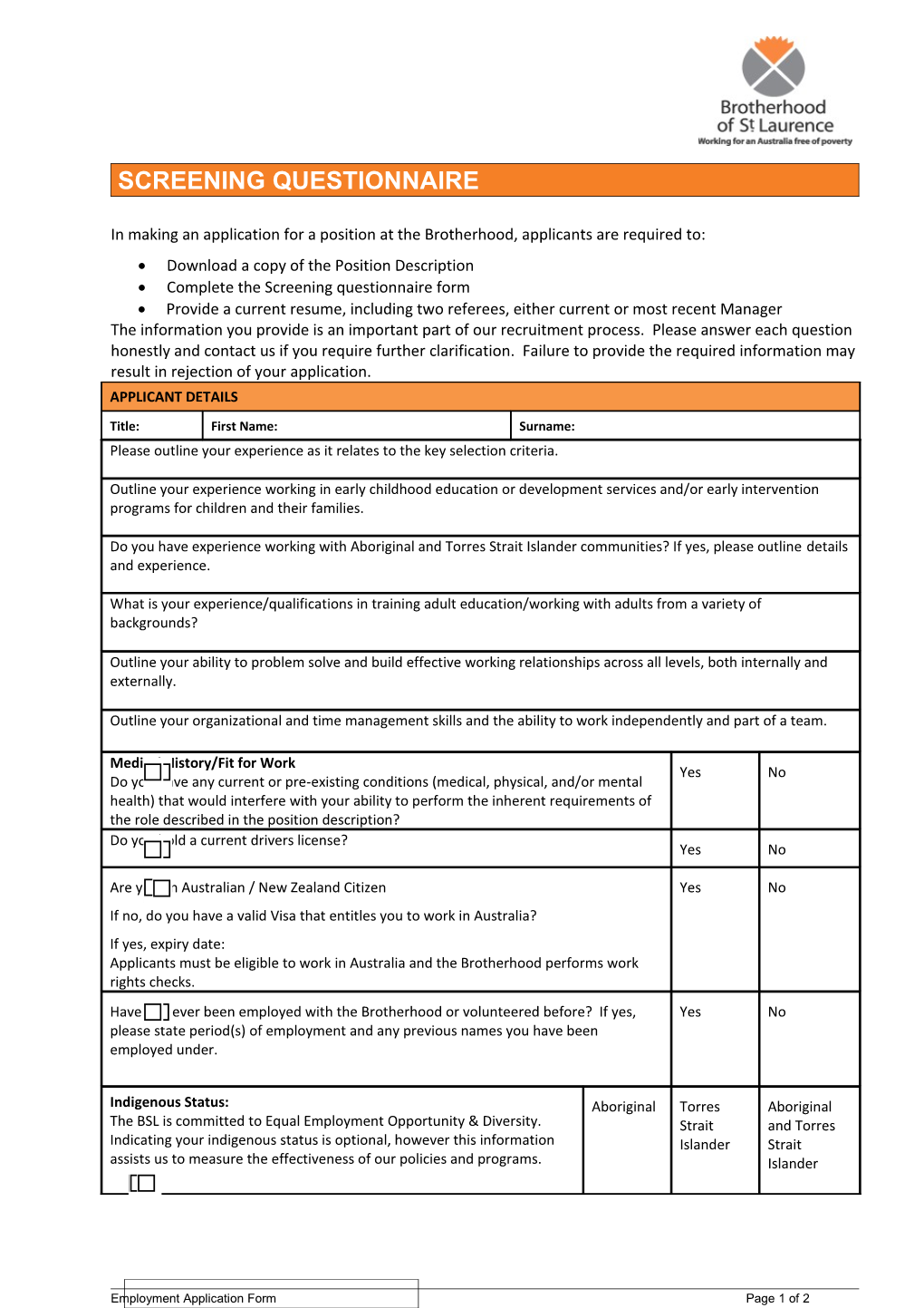 Application for Employment Form Template