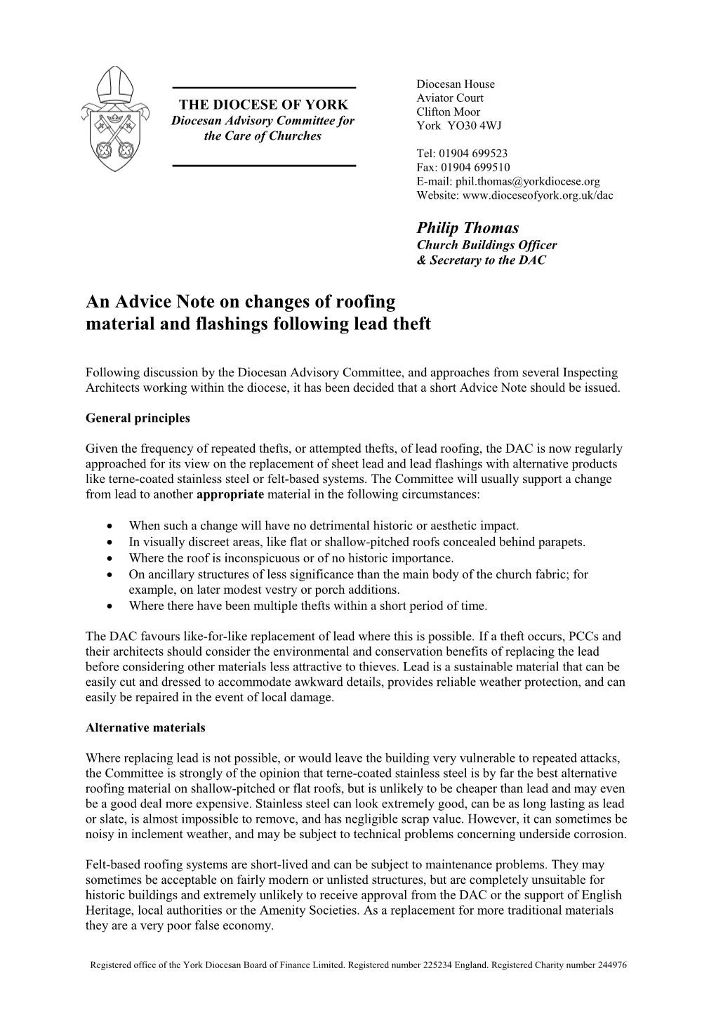 An Advice Note on Changes of Roofing Material and Flashings Following Lead Theft