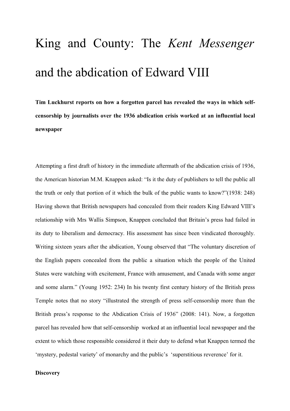 King and County: the Kent Messenger and the Abdication of Edward VIII