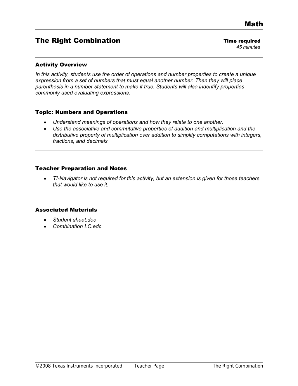 Topic: Numbers and Operations