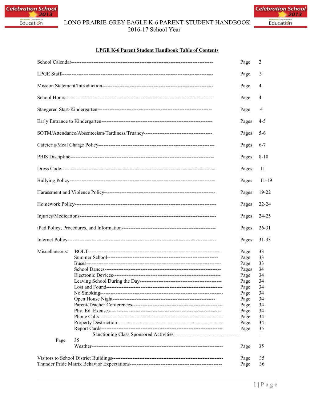 LPGE K-6 Parent Student Handbook Table of Contents