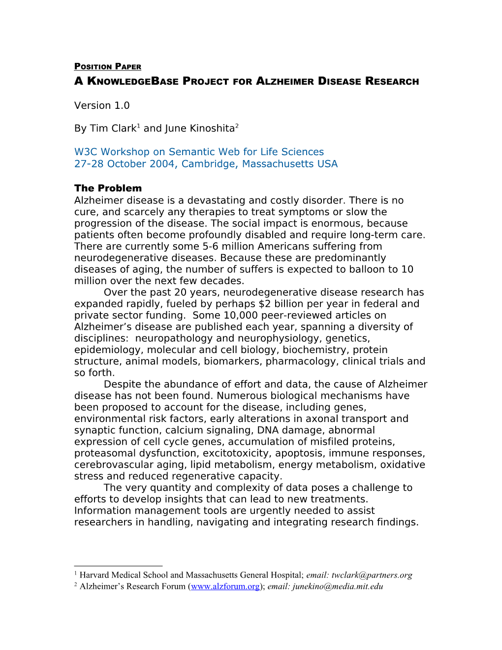 Position Paper: a Knowledgebase Project for Alzheimer Disease Research